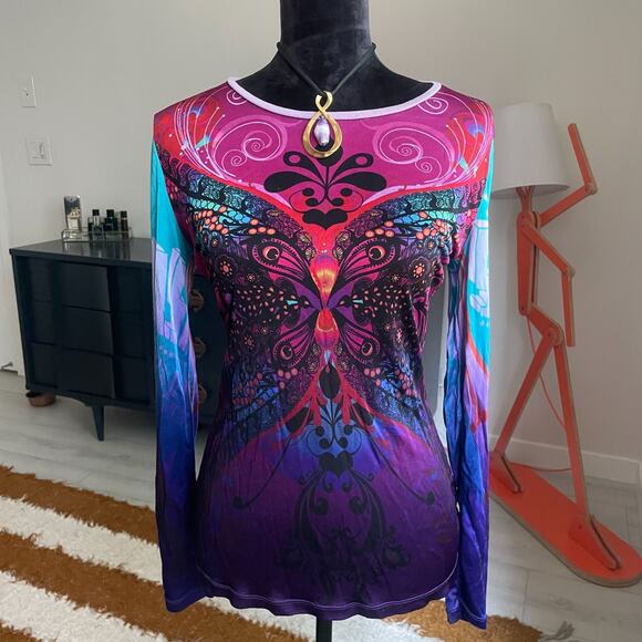 Custo Barcelona Long Sleeve Shirt Women's Size 8 Abstract Heart Artsy Butterfly - Picture 1 of 11